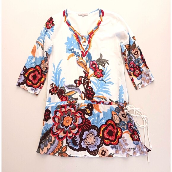 Manorama Italian Style Cover Up Bright Floral Beaded Accents Vented Sides Sz S - Picture 1 of 9